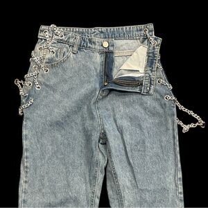 Breaking Chains blue W24-28” front zip high rise side silver chain laced jeans